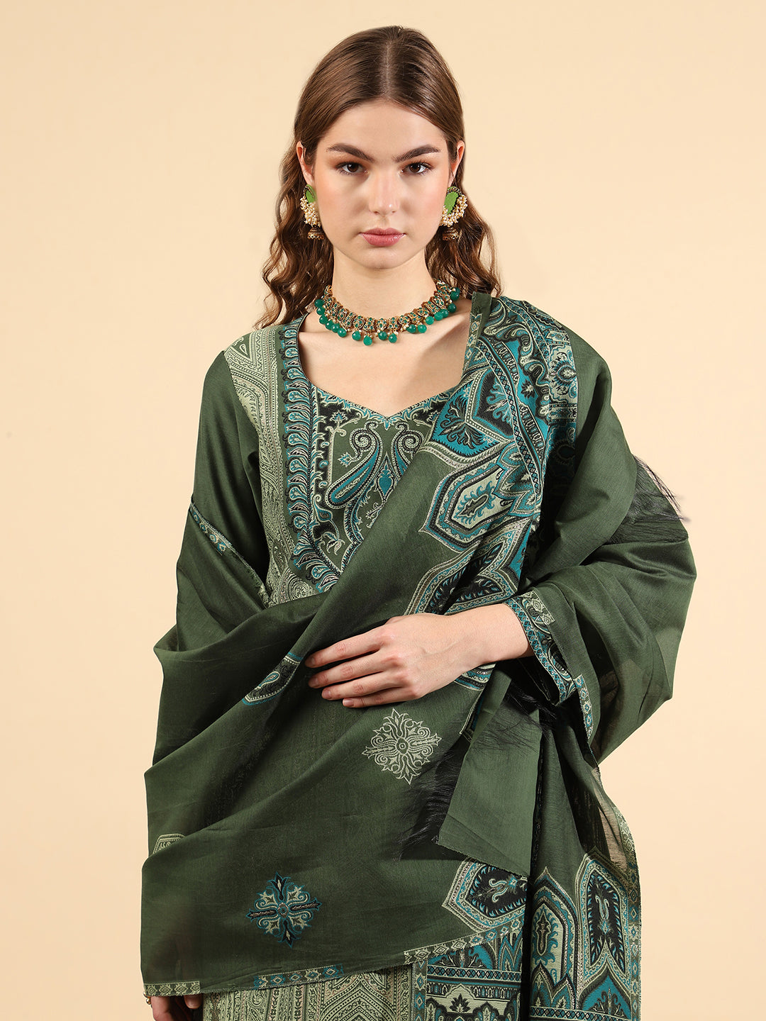 Kidar Ethnic Printed & Embordered Straight Kurta with Pant & Dupatta - B. Green