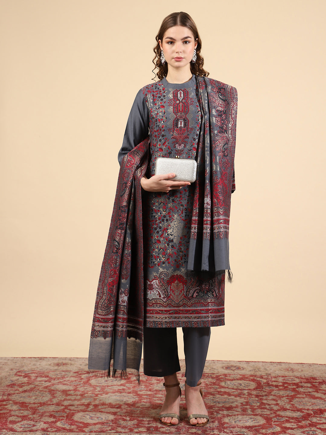 Kidar Ethnic Printed & Embordered Straight Kurta with Pant & Dupatta - Grey