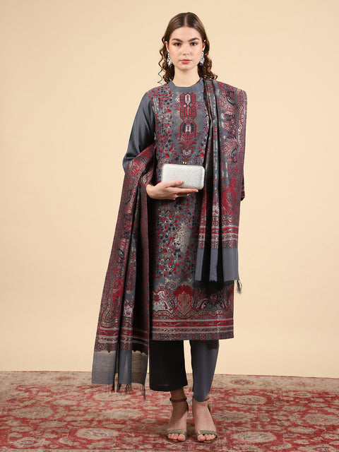 Kidar Ethnic Weave & Embordered Straight Kurta with Pant & Dupatta - Grey