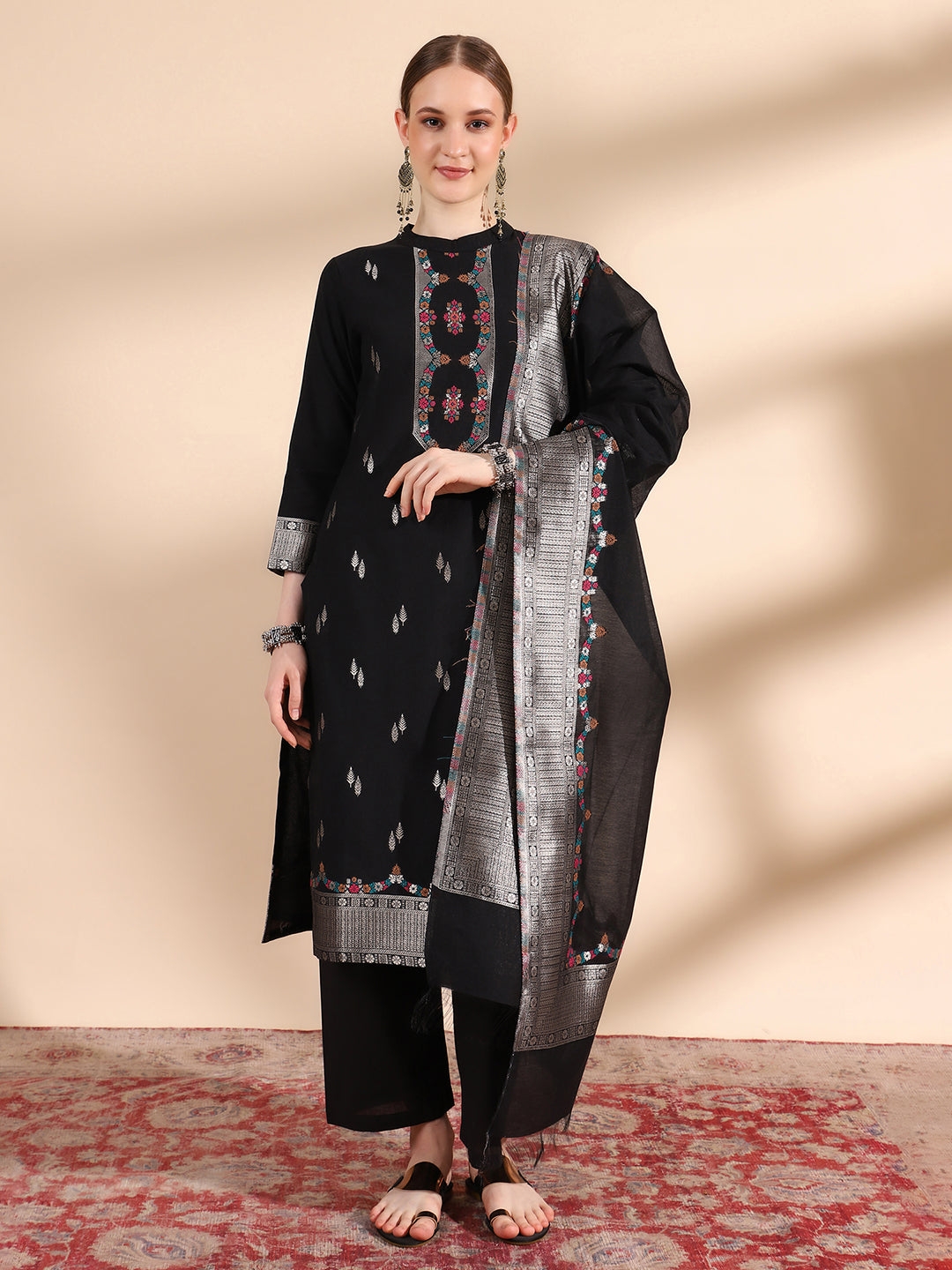 Mandarin Collar Kurta Set with Dupatta - Black