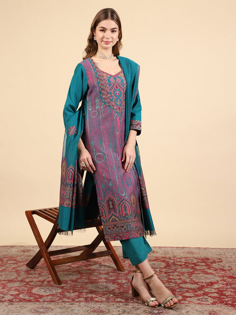 Kidar Ethnic Weave & Embordered Straight Kurta with Pant & Dupatta - New Green