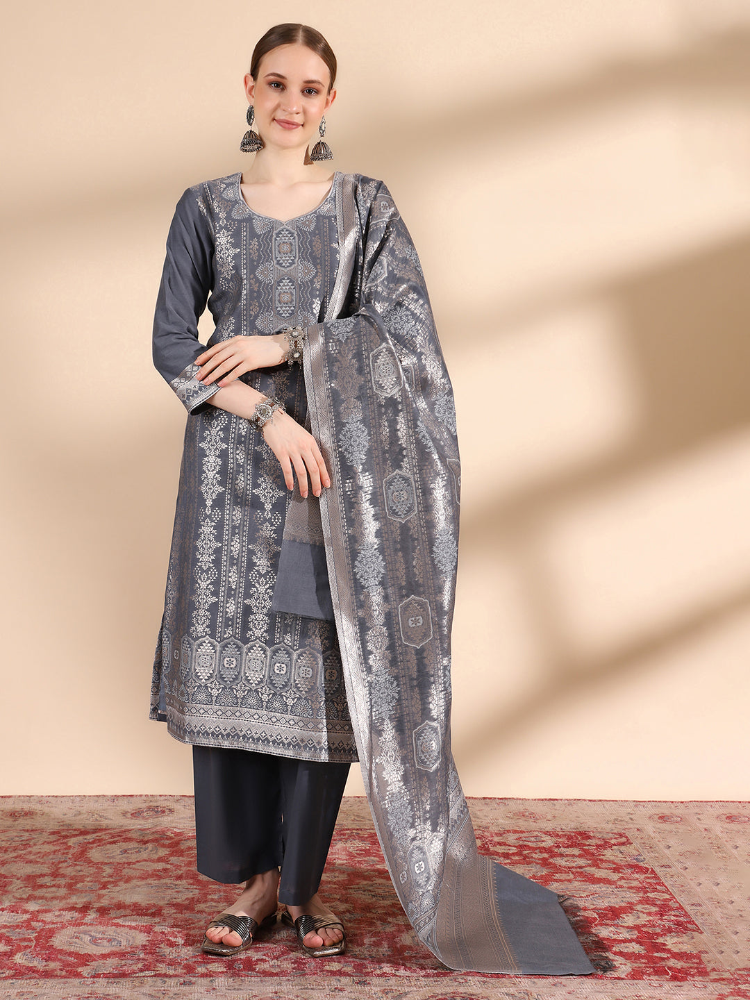 "Kidar's Grey Cotton Silk Kurta Set: Sizes S to 5XL"