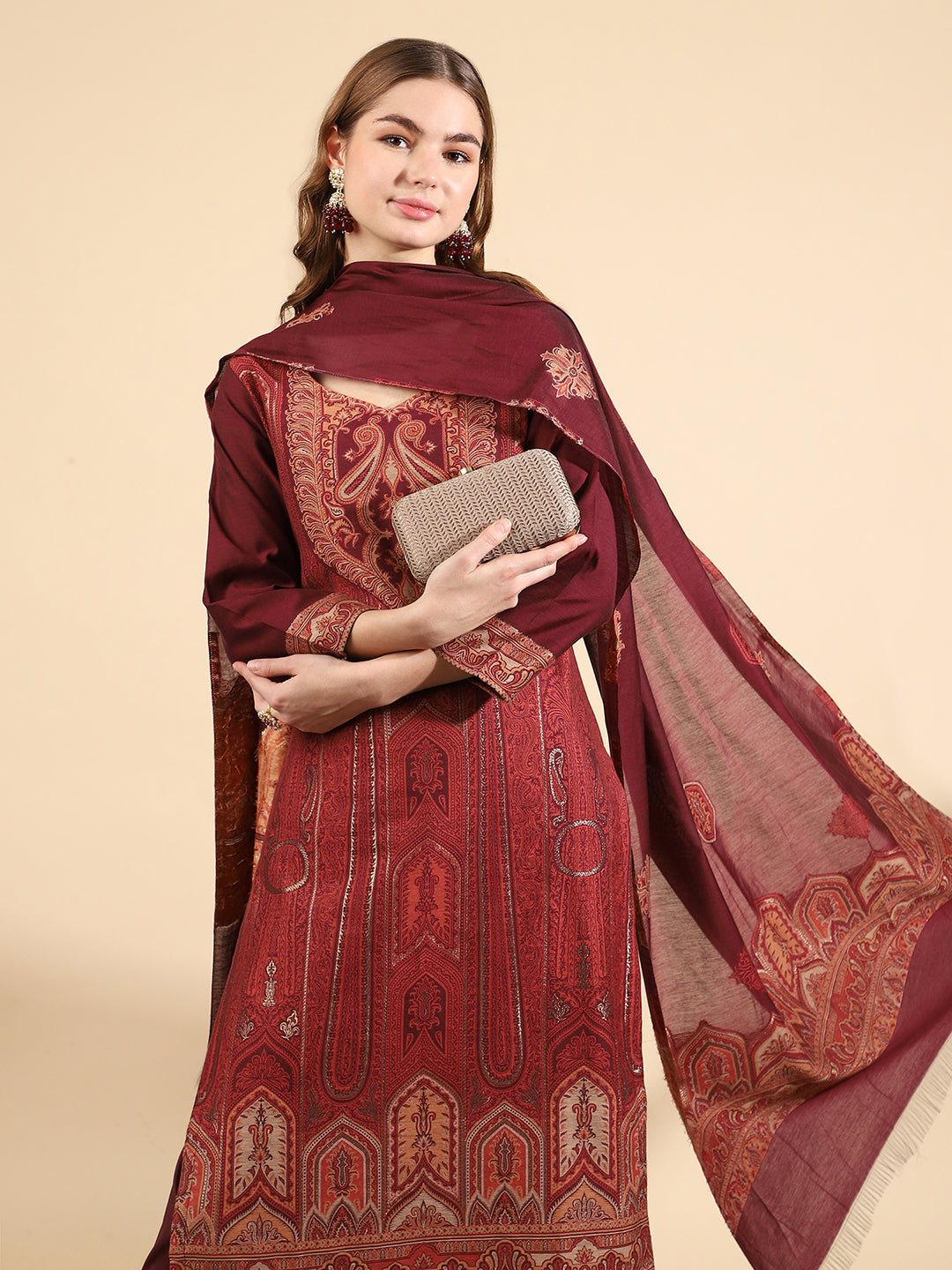 Elegant Wine-Colored U-Neck Kurta Set by Kidar