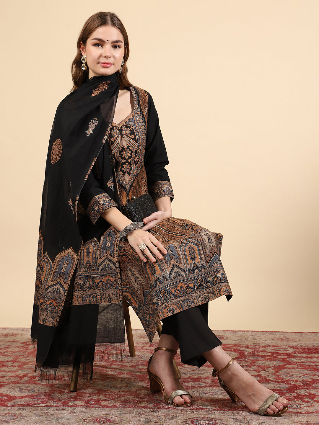 Kidar Elegant Black Printed Pant Suit with Threadwork - Black