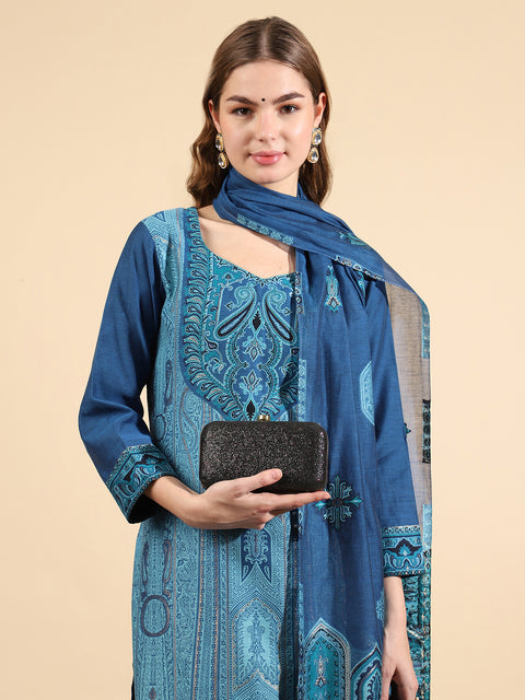Kidar Royal Blue Organic Cotton Pant Suit with Weave Dupatta"