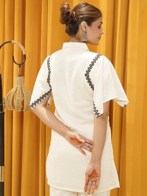 Designer White Embroidered Shirt and Pant Set – Trendy Women’s Two-Piece Outfit