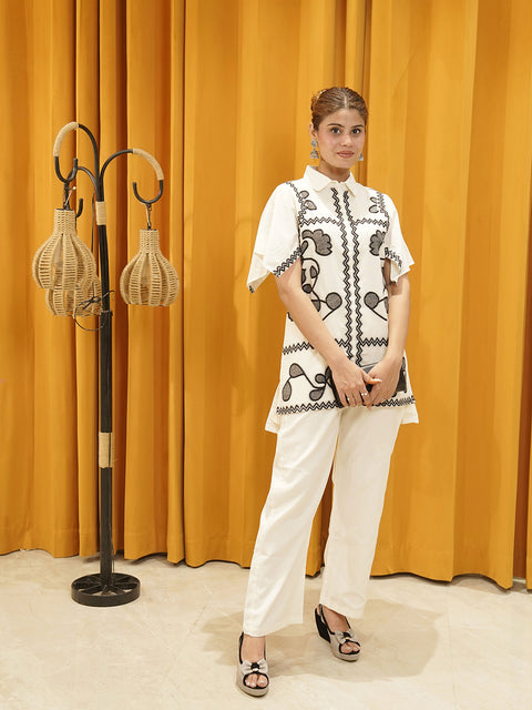Designer White Embroidered Shirt and Pant Set – Trendy Women’s Two-Piece Outfit