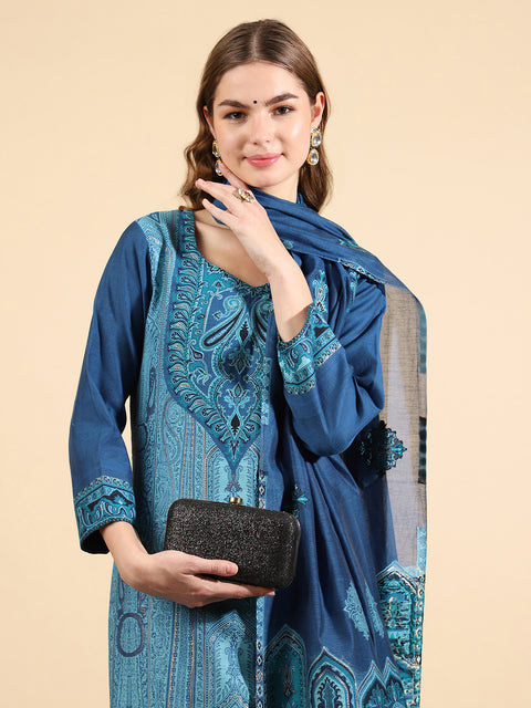 Kidar Royal Blue Organic Cotton Pant Suit with Weave Dupatta"