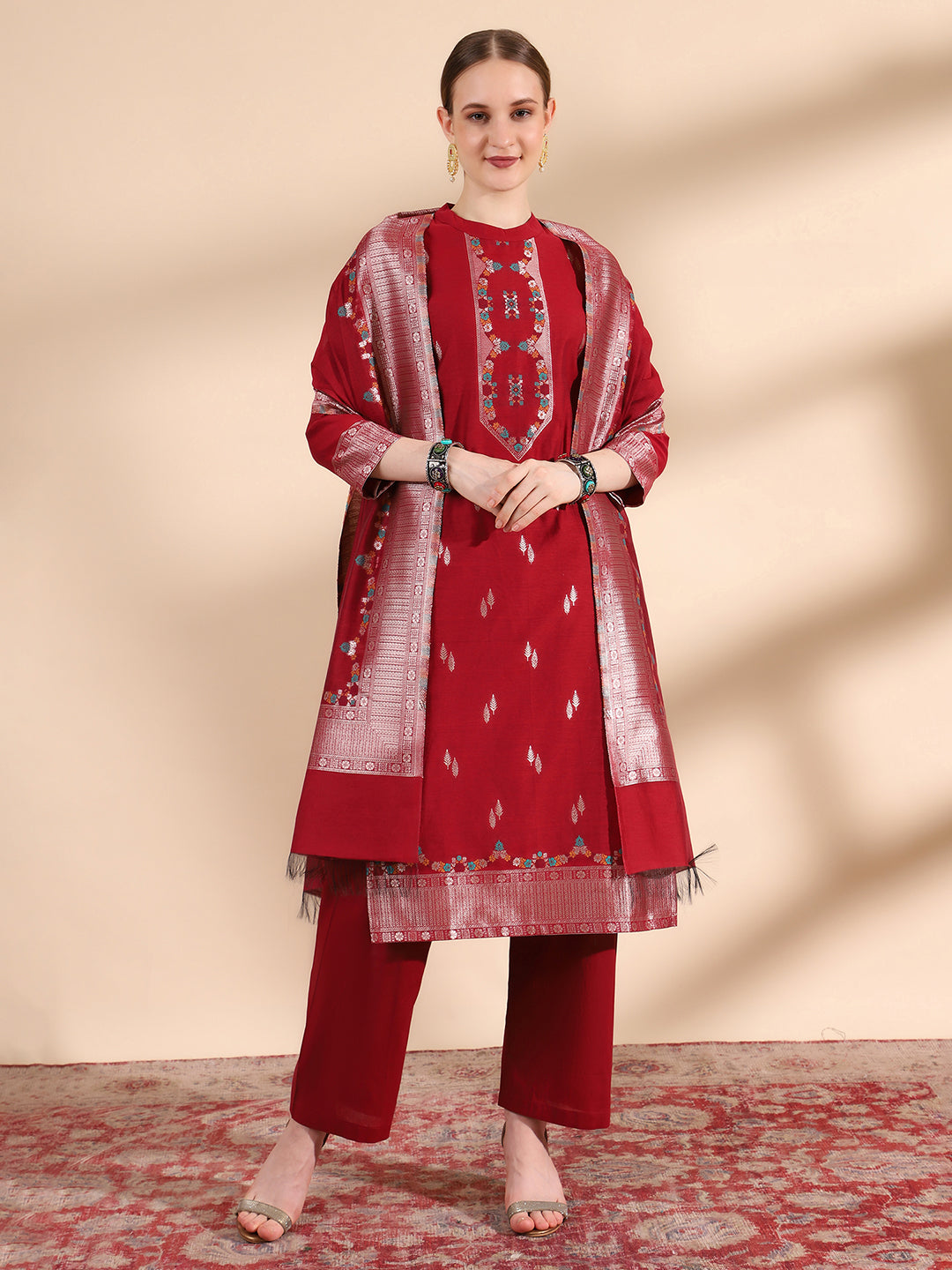 "Kidar Mehroon Cotton Silk Mandarin Collar Kurta Set with Dupatta"