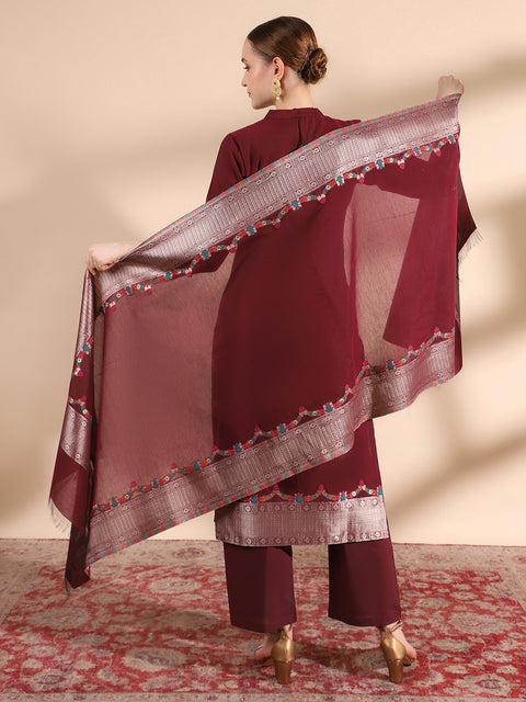 Kidar Floral Weave Kurta with Pants & Dupatta - Wine