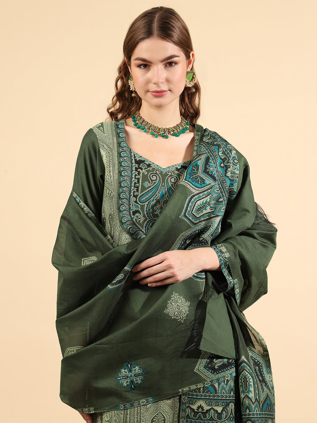 Kidar Ethnic Printed & Embordered Straight Kurta with Pant & Dupatta - B. Green