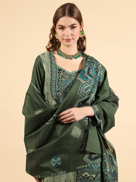 Kidar Ethnic Weave & Embordered Straight Kurta with Pant & Dupatta - B. Green