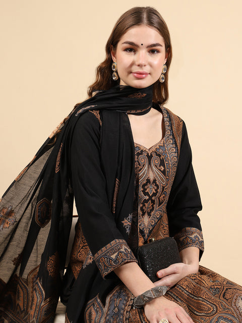 Kidar Elegant Black Weave Pant Suit with Threadwork - Black