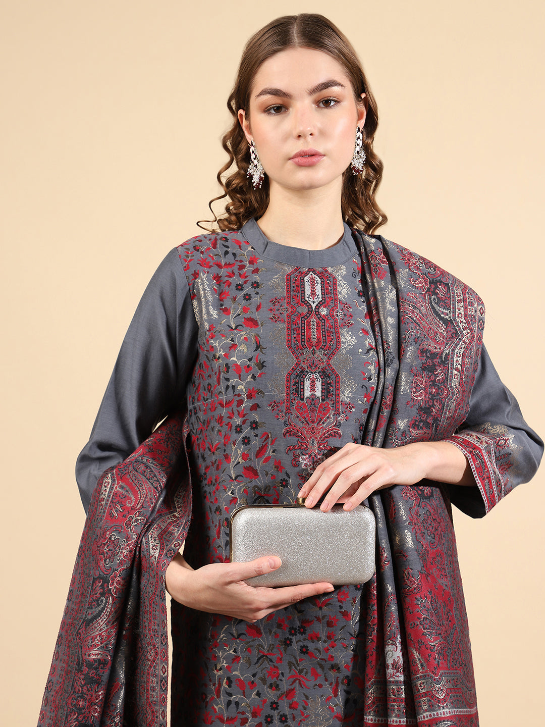 Kidar Ethnic Printed & Embordered Straight Kurta with Pant & Dupatta - Grey