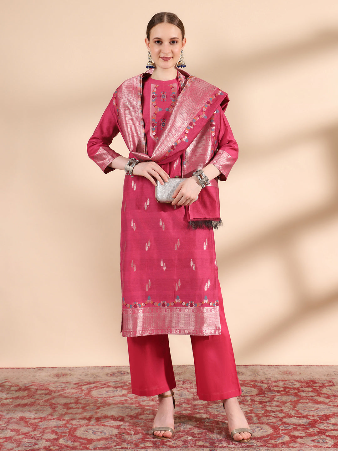 "Magenta Mandarin Collar Kurta Set with Dupatta by Kidar