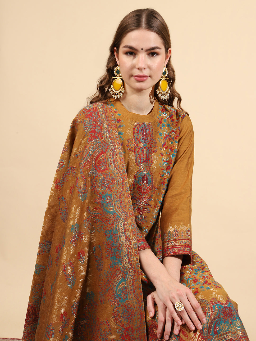 "Kidar Mustard Cotton Silk Mandarin Collar Kurta Set with Dupatta"