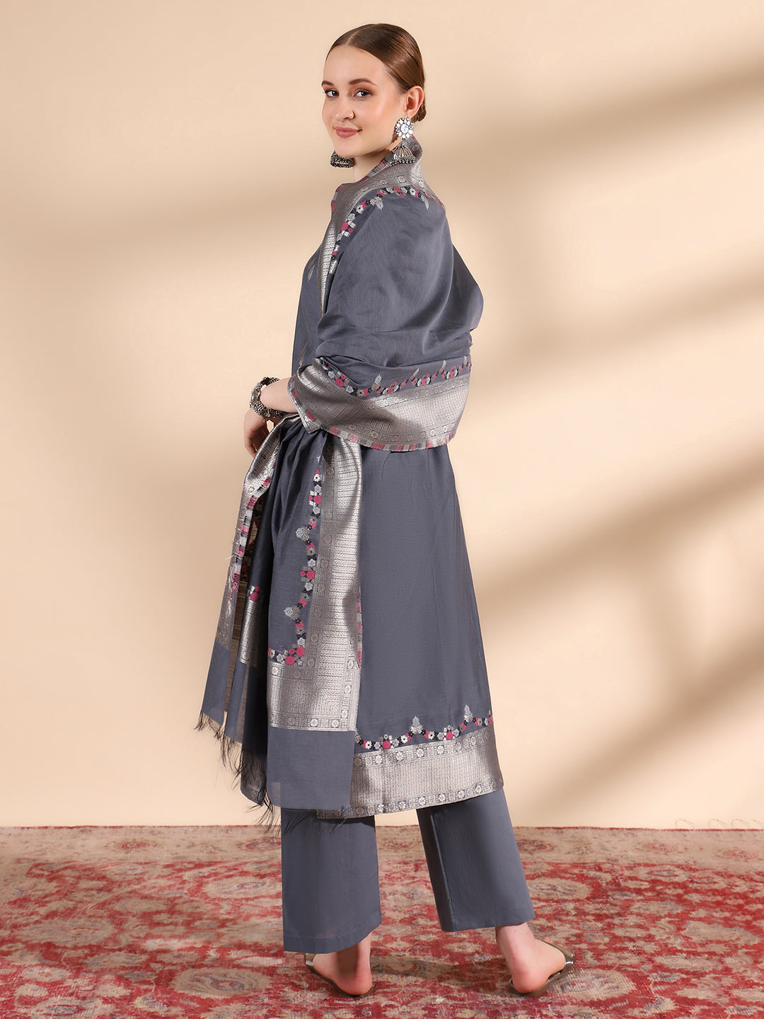 Kidar Ethnic Printed & Embordered Straight Kurta with Pant & Dupatta - Grey