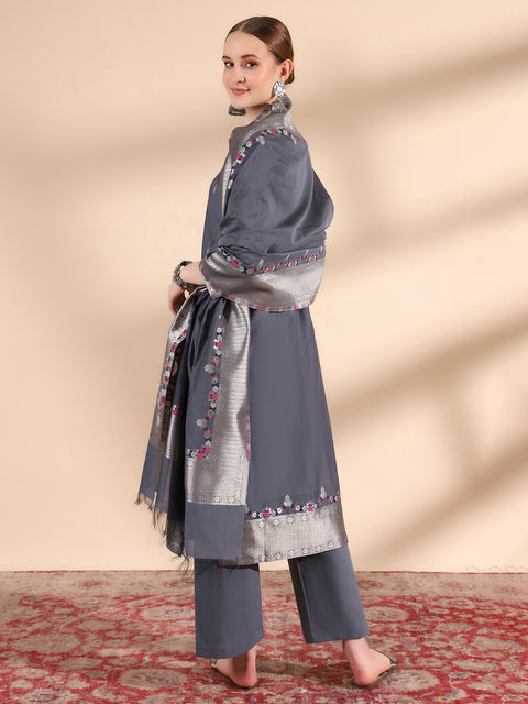 Kidar Ethnic Weave & Embordered Straight Kurta with Pant & Dupatta - Grey
