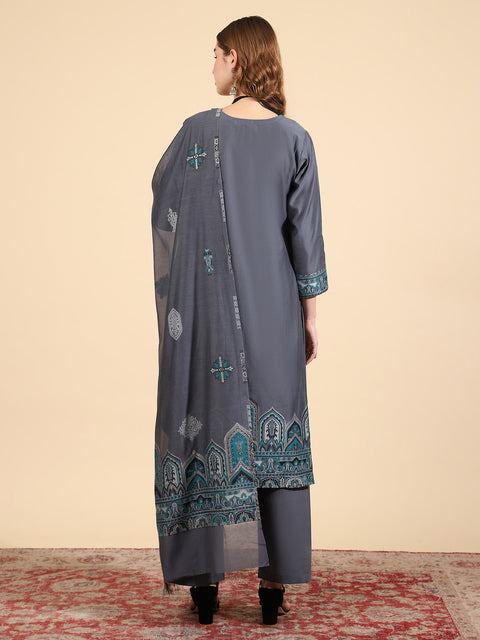 Kidar Ethnic Weave & Embordered Straight Kurta with Pant & Dupatta - Grey