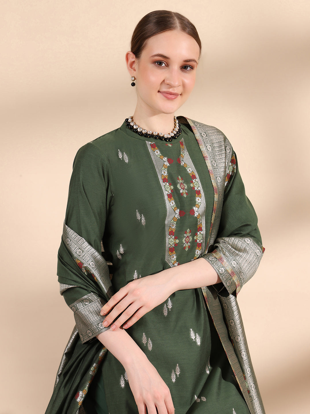 Kidar Ethnic Printed & Embordered Straight Kurta with Pant & Dupatta - b-green