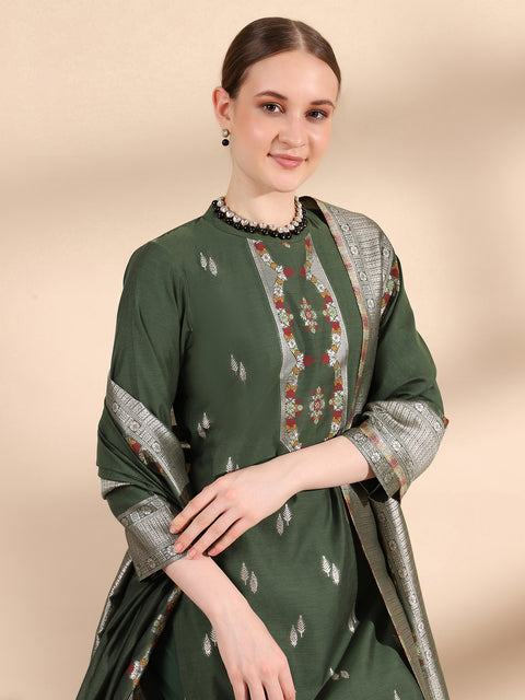 Kidar Ethnic Weave & Embordered Straight Kurta with Pant & Dupatta - B.Green