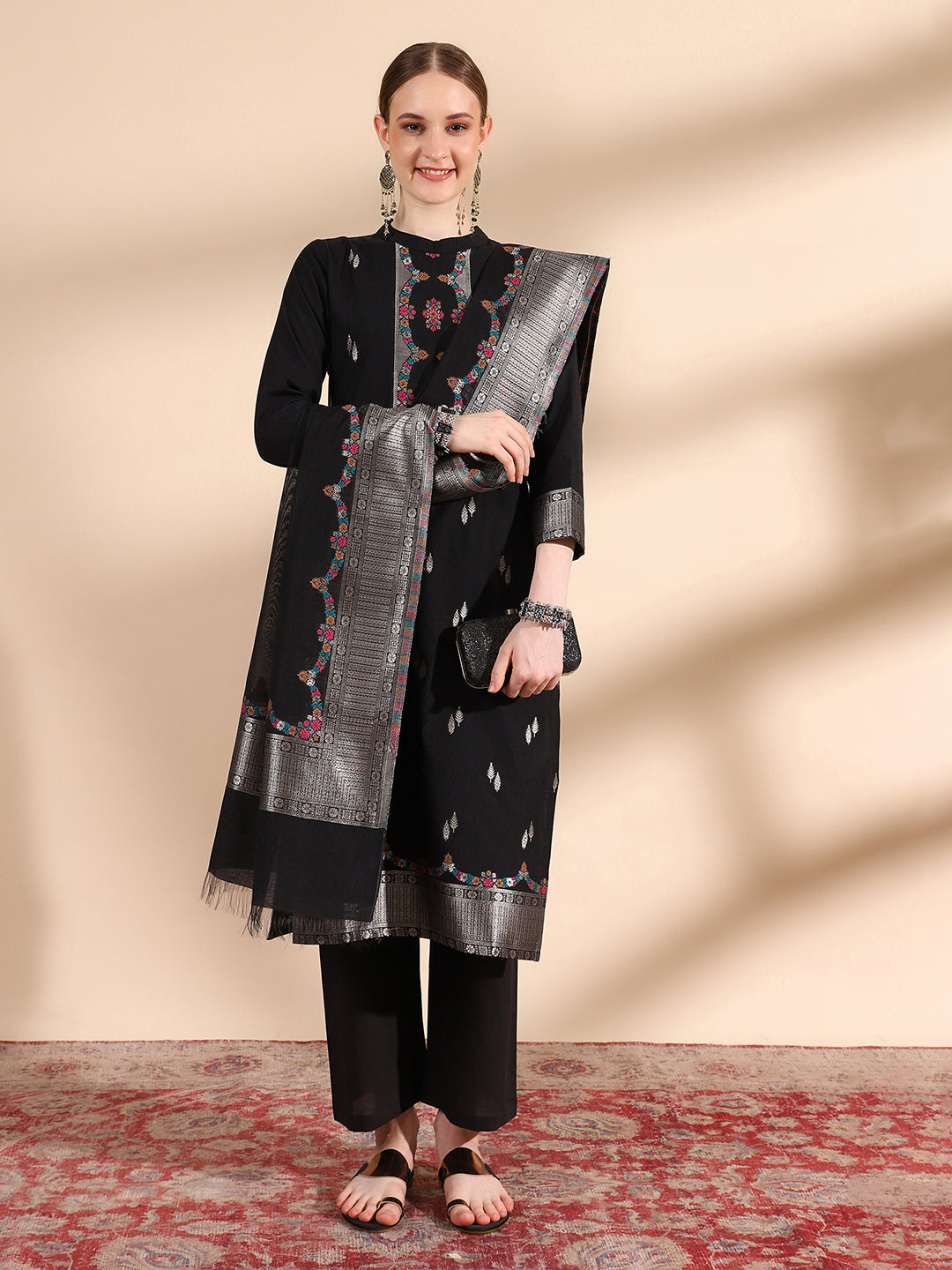 Mandarin Collar Kurta Set with Dupatta - Black