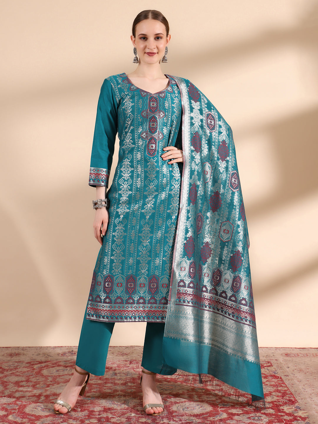 Embroidered Delight: Sweetheart Neck Kurta with Pant & Dupatta