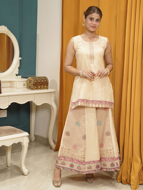 Elegant Beige Jacquard Co-ord Set with Embroidered Detailing