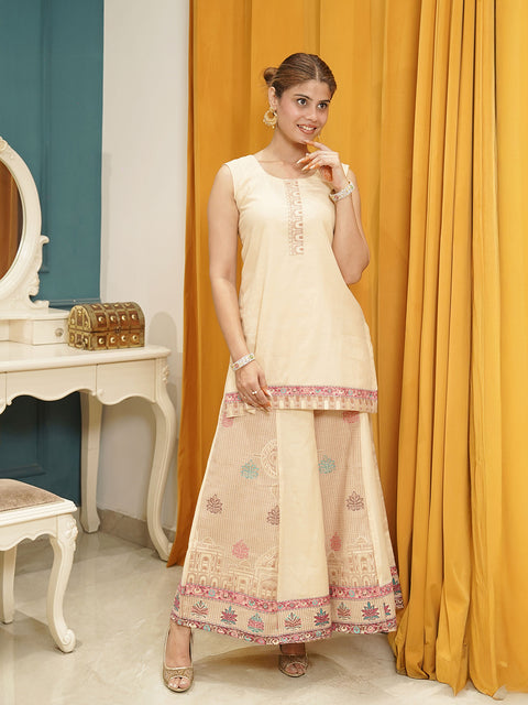 Elegant Beige Jacquard Co-ord Set with Embroidered Detailing