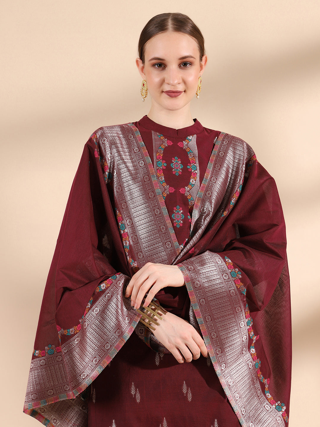 Kidar Floral Printed Kurta with Pants & Dupatta - Wine