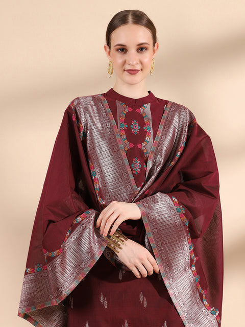 Kidar Floral Weave Kurta with Pants & Dupatta - Wine