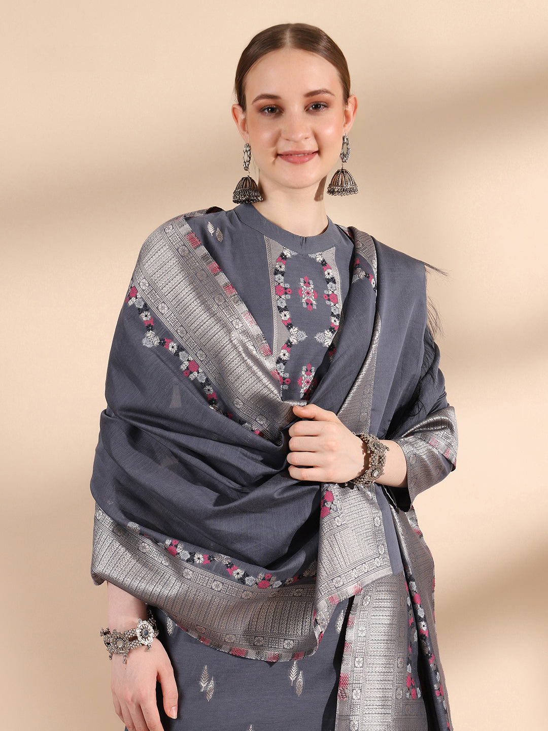 Kidar Ethnic Printed & Embordered Straight Kurta with Pant & Dupatta - Grey