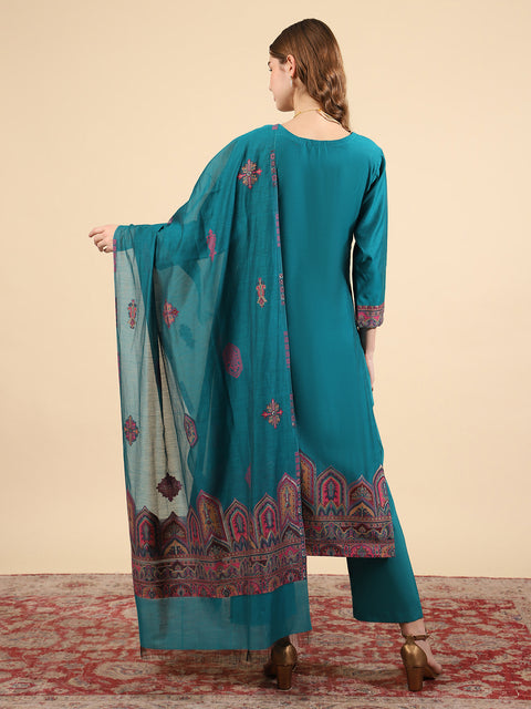Kidar Ethnic Weave & Embordered Straight Kurta with Pant & Dupatta - New Green
