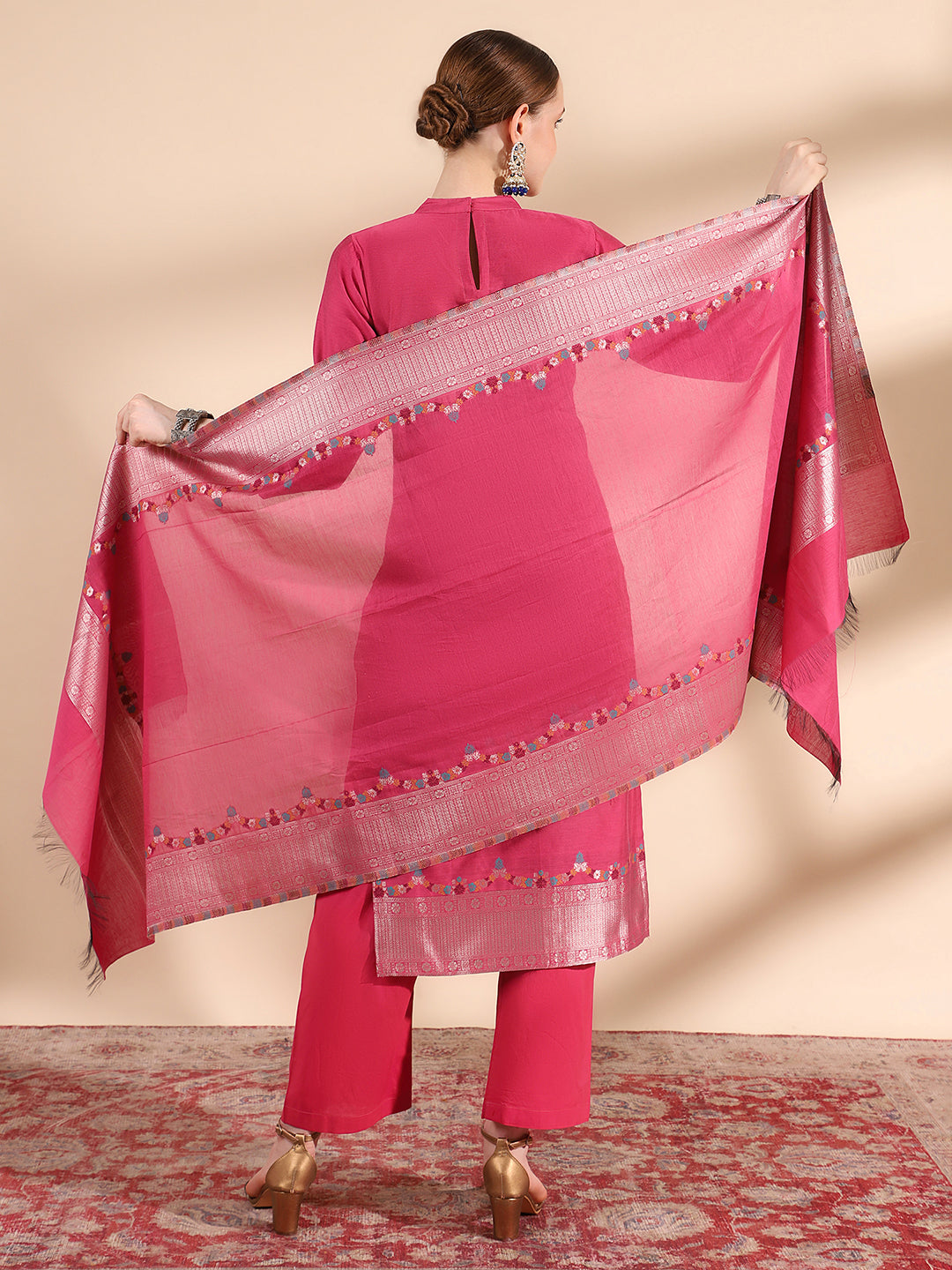 "Magenta Mandarin Collar Kurta Set with Dupatta by Kidar