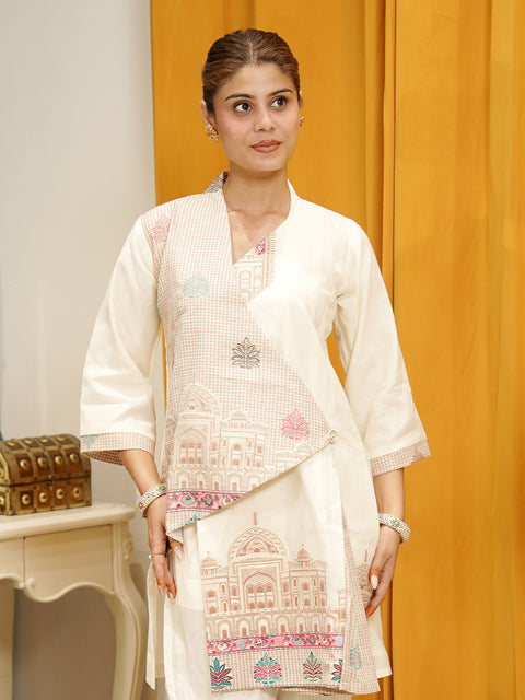 Kidar White Cotton Silk Pleated Co-Ord Set with Palazzo Pants.