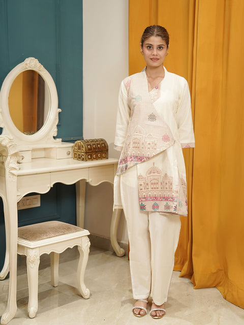 Kidar White Cotton Silk Pleated Co-Ord Set with Palazzo Pants.
