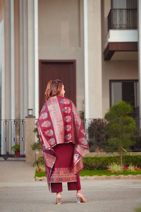 Kidar Ethnic Weave & Embordered Straight Kurta with Pant & Dupatta - Wine