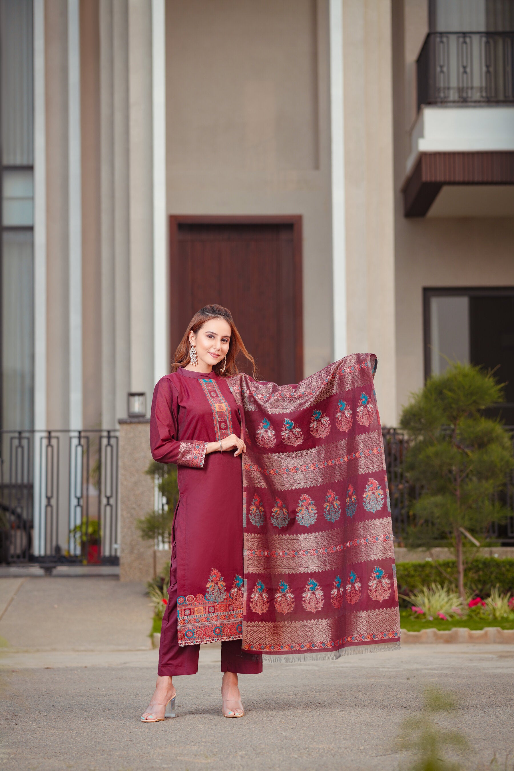 Kidar Ethnic Printed & Embrodered Straight Kurta with Pant & Dupatta - Wine