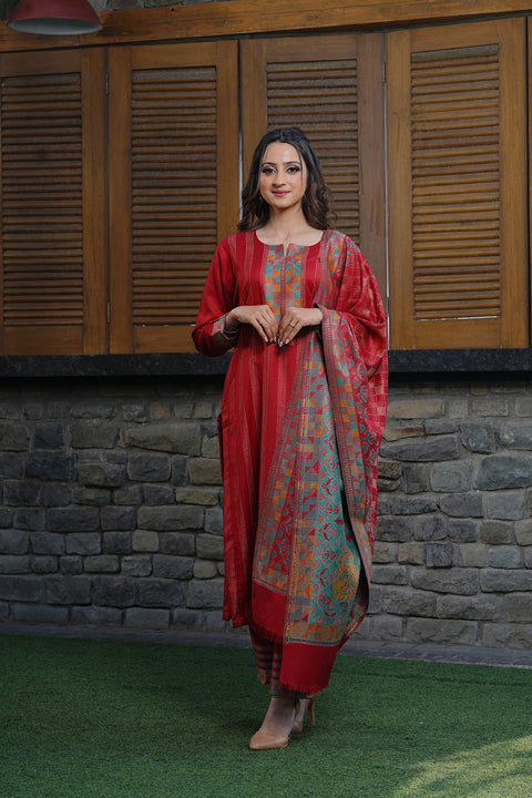 Kidar Tanishq Plus Women's Unstitched Suit-Mehroon(Set Of 3)