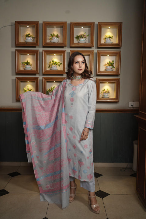 Kidar's Unstitched Cotton Silk Suit in Grey