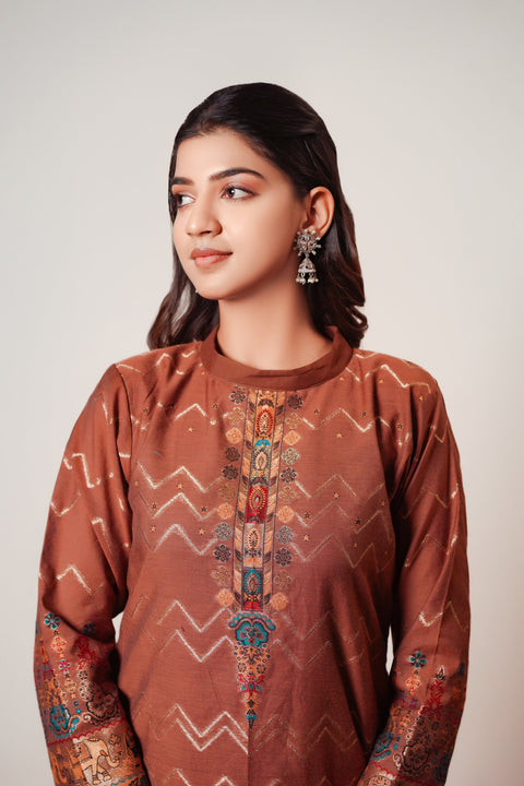 Kidar Ethnic Weave  & Embordered Straight Kurta with Pant & Dupatta - Brown