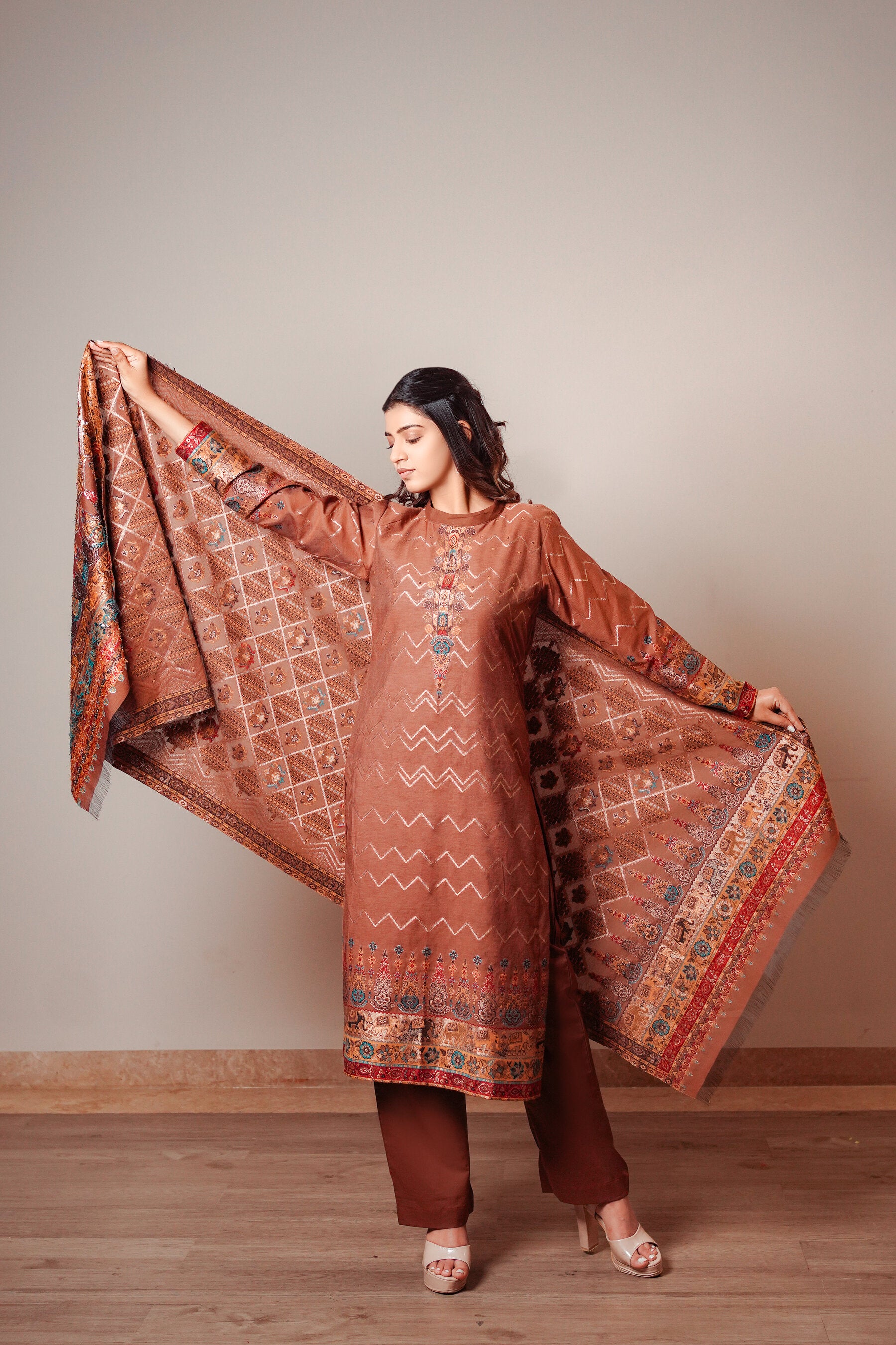 Kidar Ethnic Printed & Embrodered Straight Kurta with Pant & Dupatta - Brown