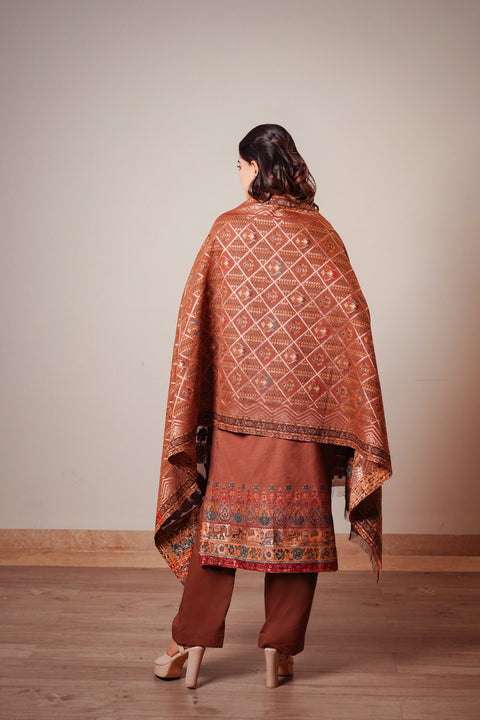 Kidar Ethnic Weave  & Embordered Straight Kurta with Pant & Dupatta - Brown