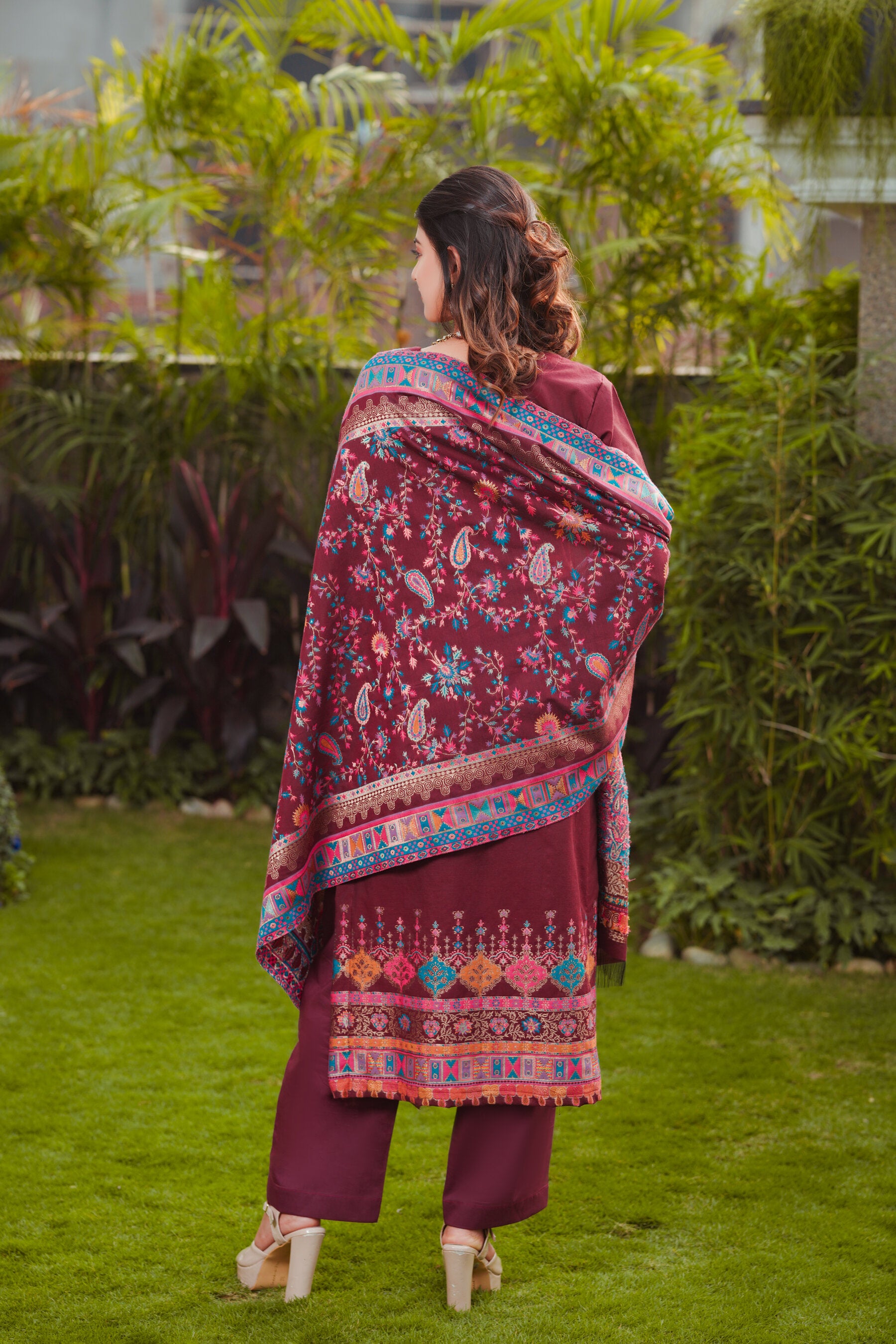 Kidar Ethnic Printed & Embrodered Straight Kurta with Pant & Dupatta - Wine