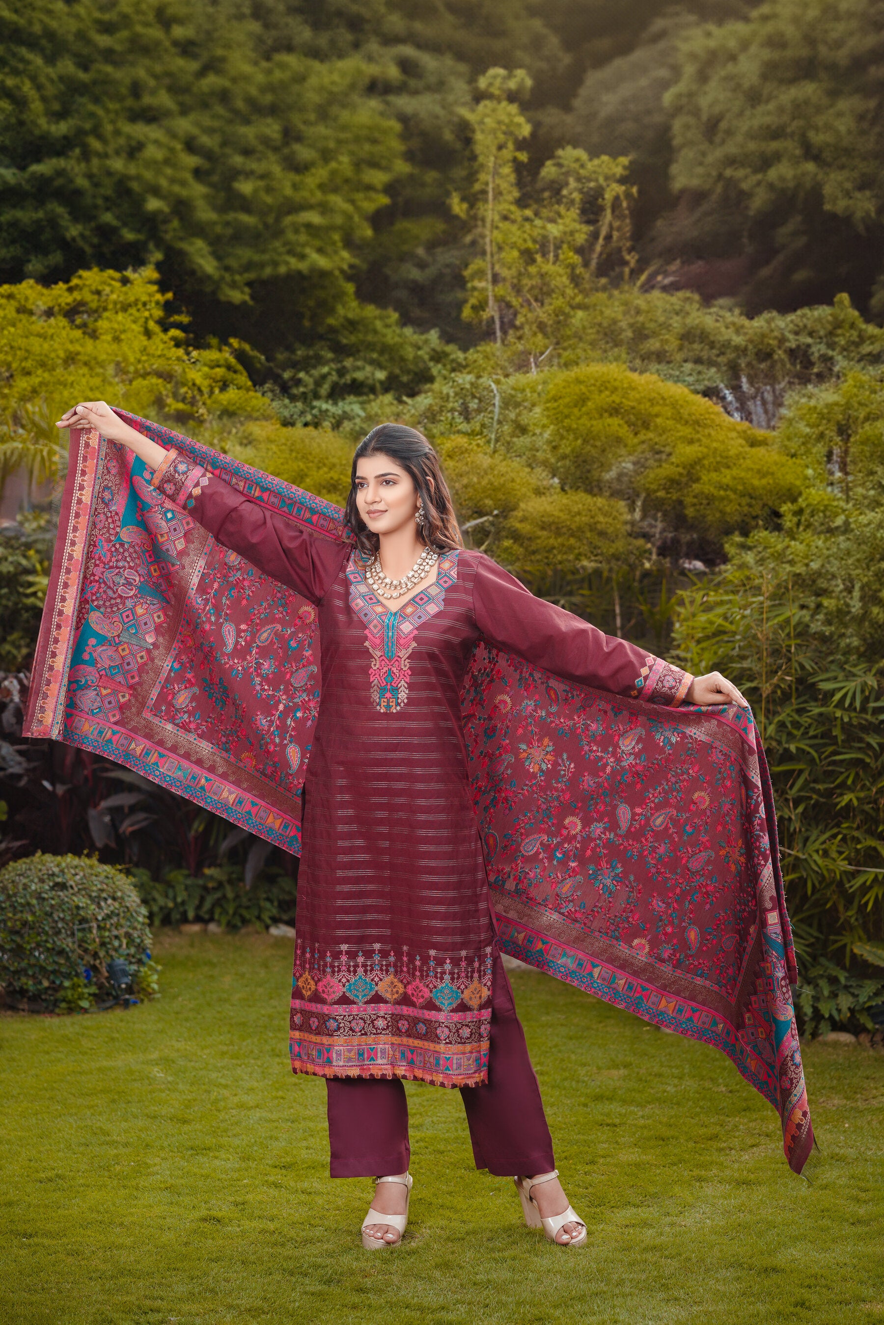 Kidar Ethnic Printed & Embrodered Straight Kurta with Pant & Dupatta - Wine