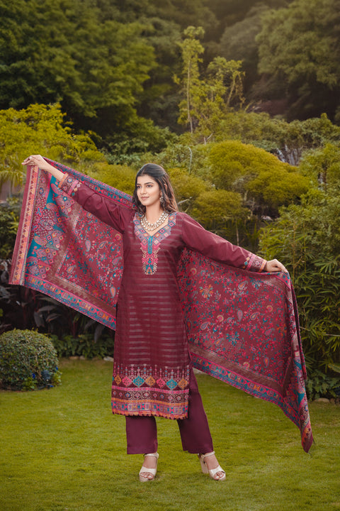 Kidar Ethnic Weave & Embordered Straight Kurta with Pant & Dupatta - Wine