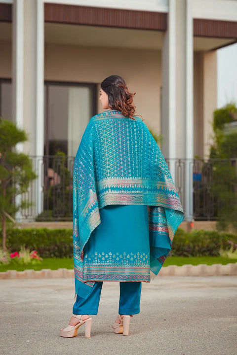 Kidar Ethnic Weave & Embordered Straight Kurta with Pant & Dupatta - New Green