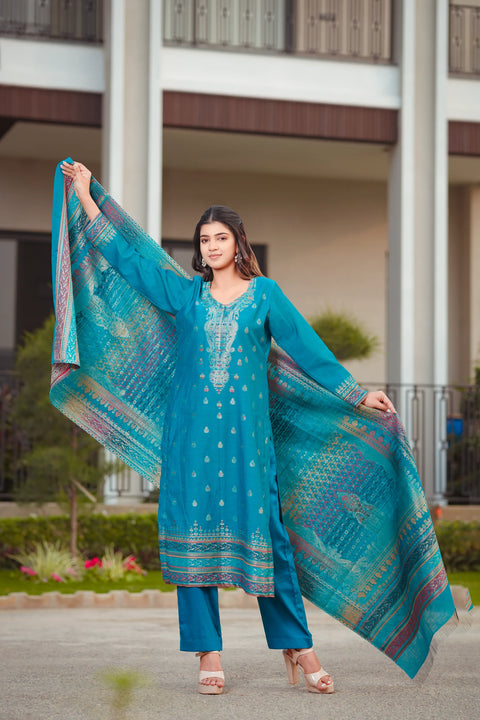 Kidar Ethnic Weave & Embordered Straight Kurta with Pant & Dupatta - New Green