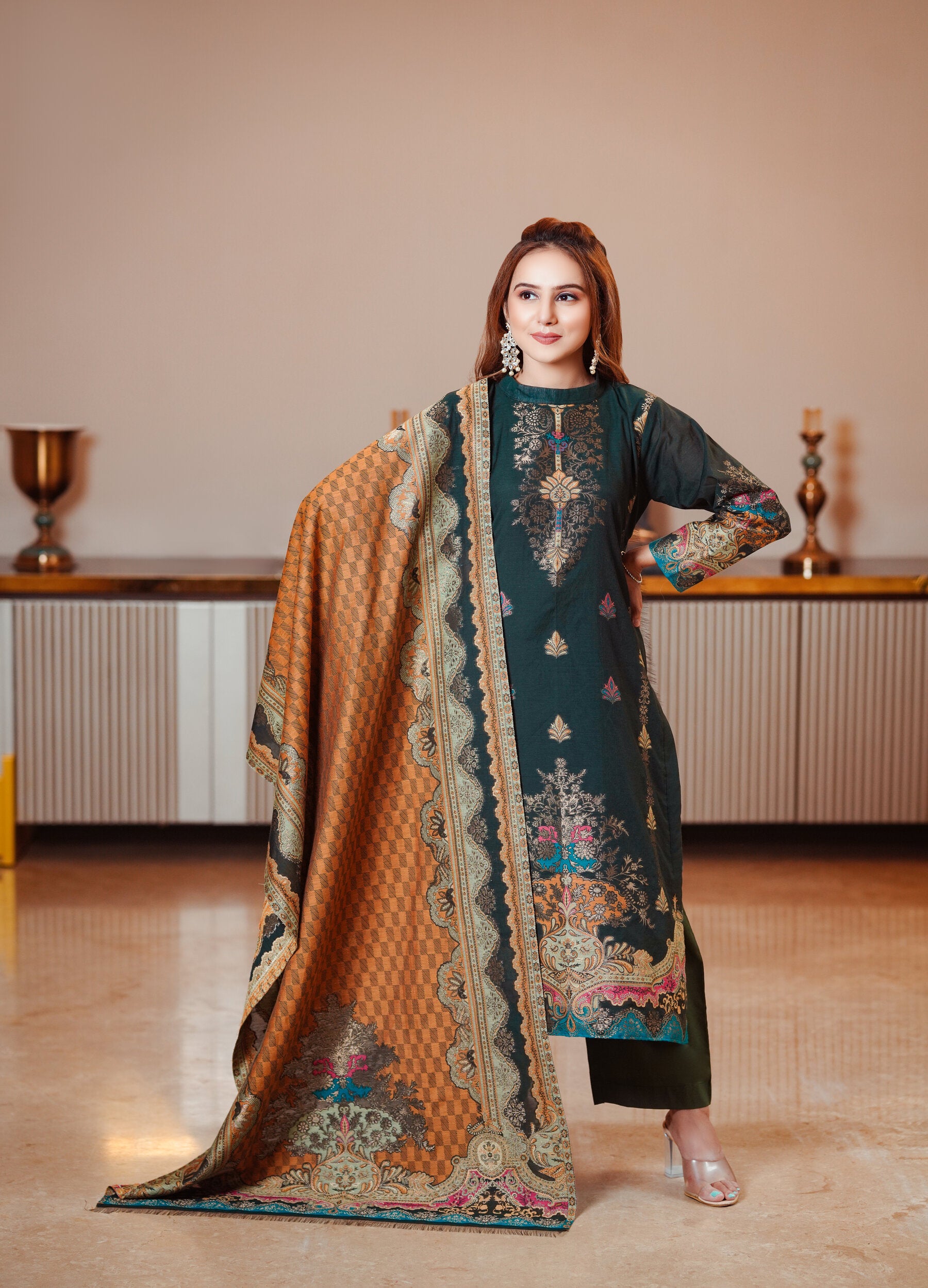 Kidar Ethnic Printed & Embrodered Straight Kurta with Pant & Dupatta - Bgreen