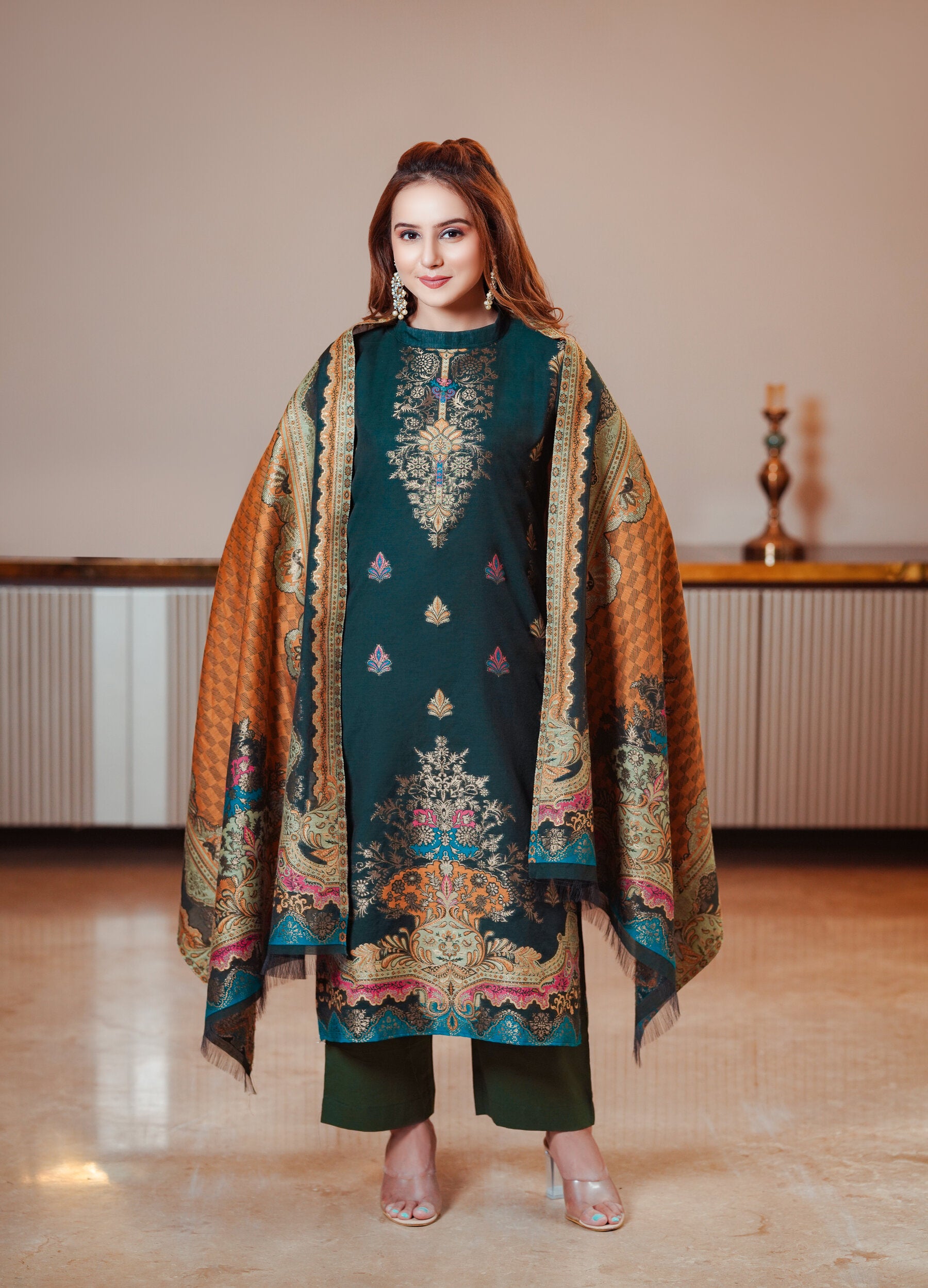 Kidar Ethnic Printed & Embrodered Straight Kurta with Pant & Dupatta - Bgreen